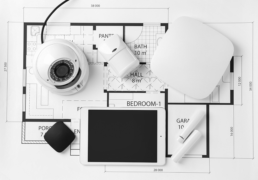 Different equipment of security system on home plan