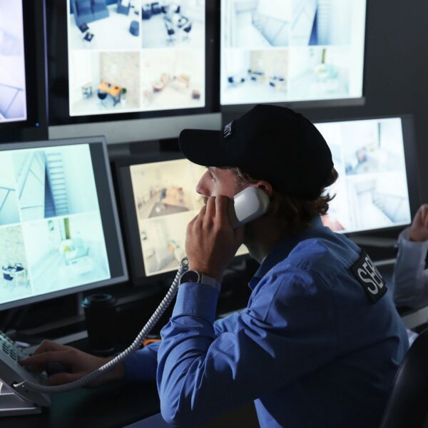 security professional in front of live feeds on the phone
