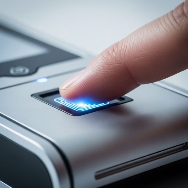  A close-up of a human finger being scanned on a biometric fingerprint reader with a blue light.