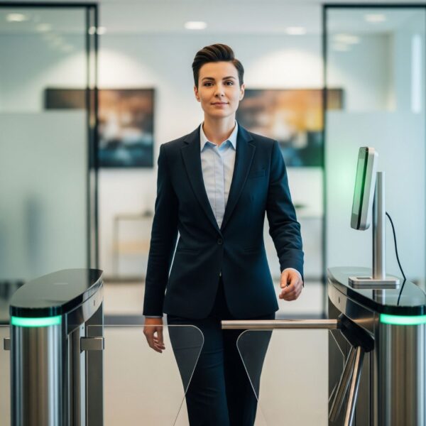 An employee walking through a facial recognition access gate in a modern office.