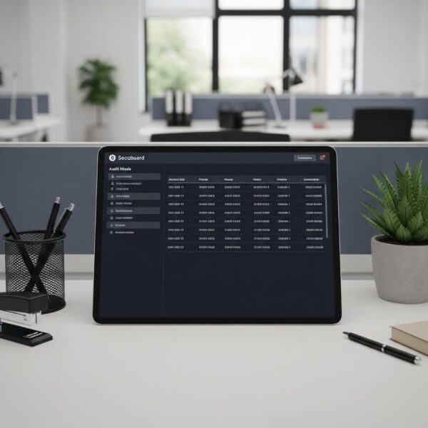 A digital dashboard showing an audit log of access events with timestamps and user IDs.