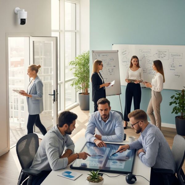 A diverse business team collaborating in a modern office, with a subtle security camera in the background.