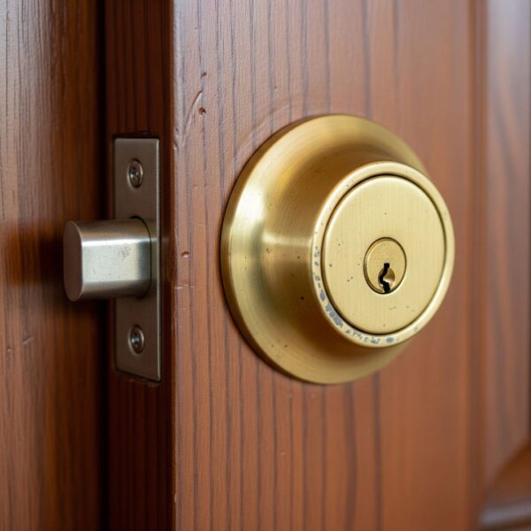 A close-up view of a classic metal deadbolt lock installed on a dark wood door.