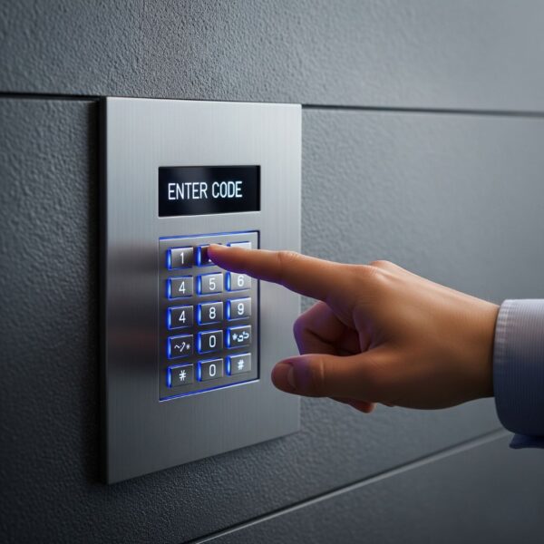 A person's hand typing a security code on an electronic access control panel.