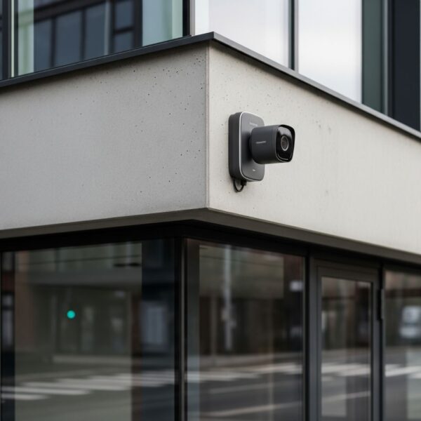 A small, modern security camera installed on the corner of a residential home.