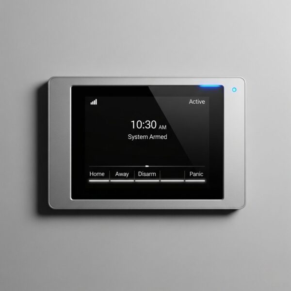A sleek, modern alarm system control panel on a wall.
