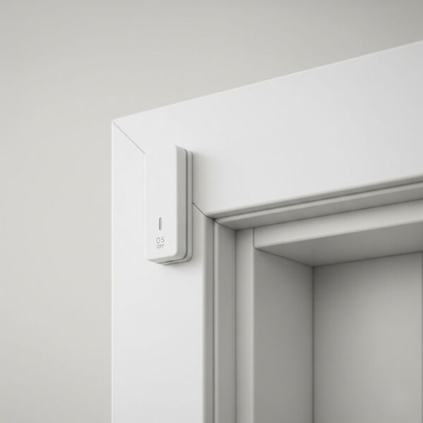 A discreet security sensor on a white door frame.
