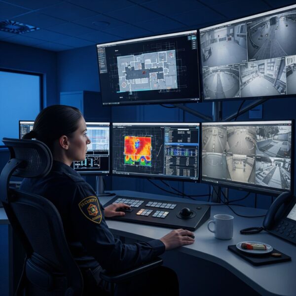 A professional in a security monitoring station.