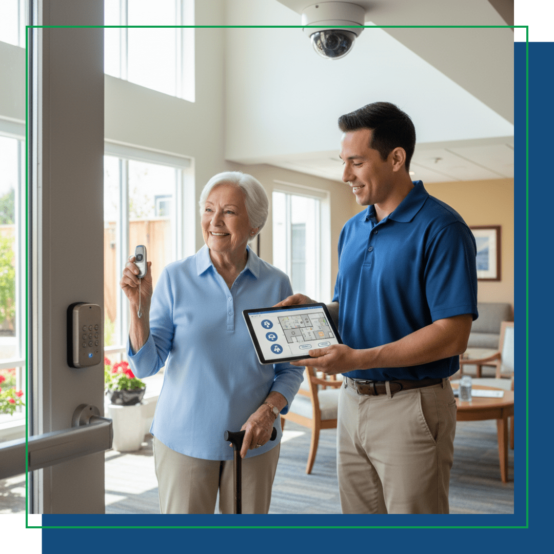 elderly woman in senior center reviewing security system with a technician